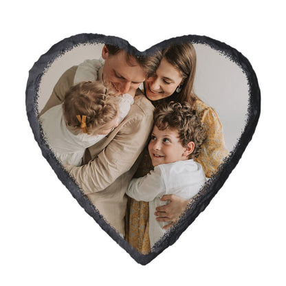 Heart-shaped personalised slate coaster with a photo of a family.