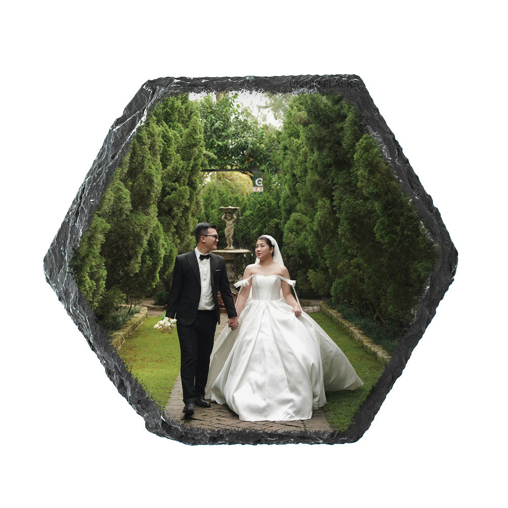 Personalised photo hexagonal coaster with a wedding photo.