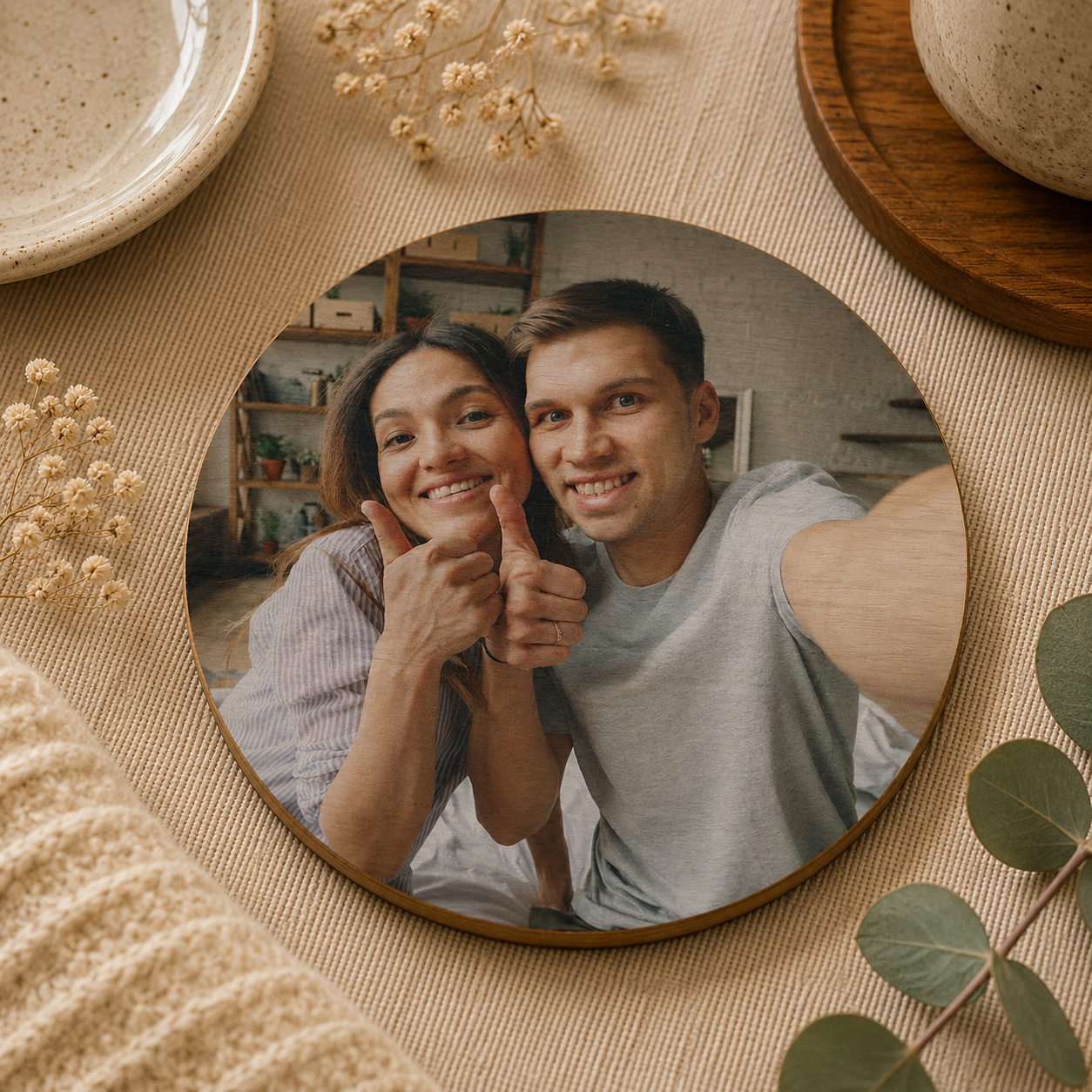 A round wooden coaster personalised with a photo of a couple smiling, on a neutral surface surrounded by plants.