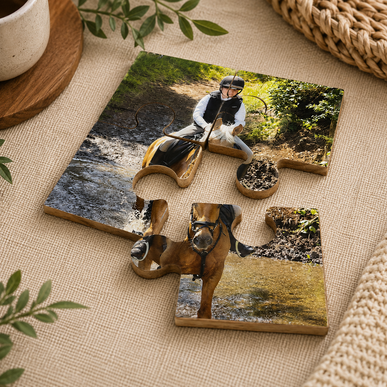 A set of 4 wooden coasters shaped like jigsaw puzzle pieces and personalised with a photo. When the coasters are placed together the puzzle completes the photo.