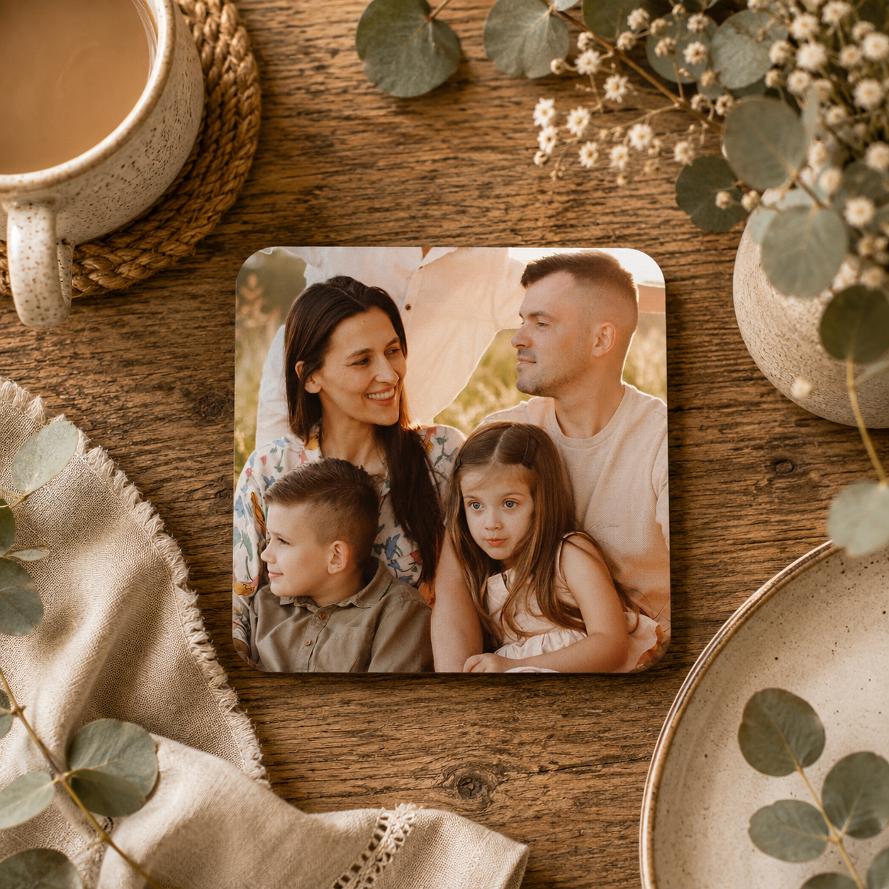 A square custom photo coaster featuring a printed family portrait, styled on a rustic wooden table with a ceramic mug, woven placemat, and dried flowers.