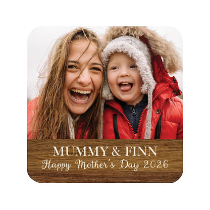 Personalised photo square wooden coaster with a mother and child, and custom text reading 'Happy Mother's Day'