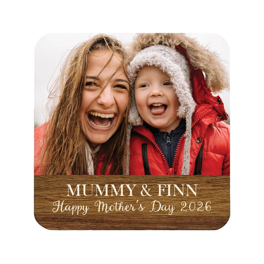 Personalised photo square wooden coaster with a mother and child, and custom text reading 'Happy Mother's Day'