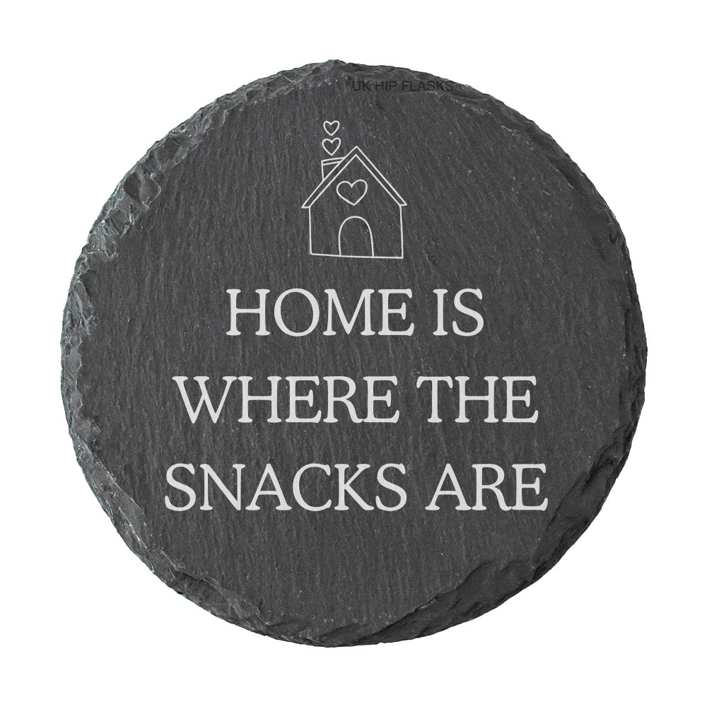 Round Slate Quote Coaster - "Home is where the snacks are"