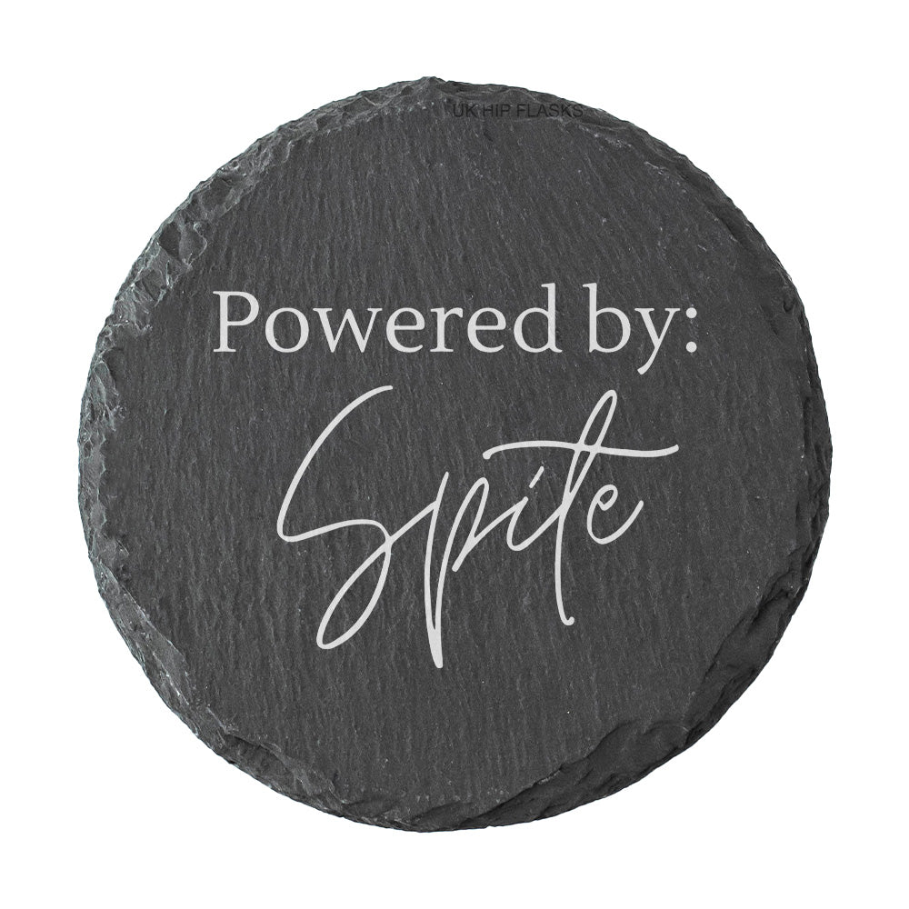 Round slate coaster with 'Powered by: Spite' text on a white background