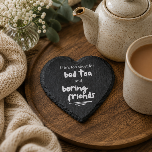 Heart shaped slate coaster with the quote "Life's too short for bad tea and boring friends" on a coffee table with a teapot.
