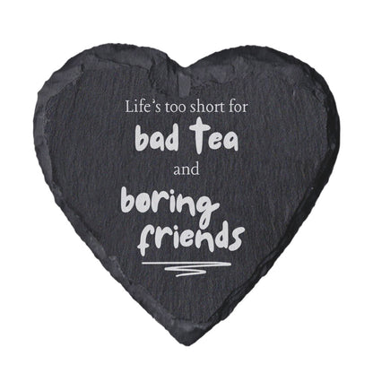 Heart-shaped slate coaster with motivational quote on a white background