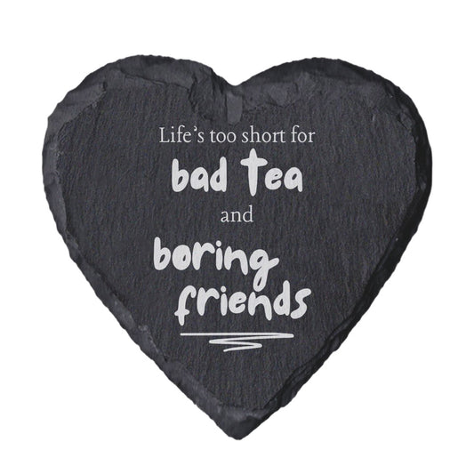 Heart-shaped slate coaster with motivational quote on a white background