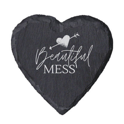 Heart-shaped slate with 'Beautiful Mess' text and heart design on a white background