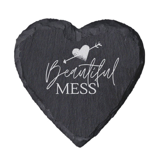 Heart-shaped slate with 'Beautiful Mess' text and heart design on a white background