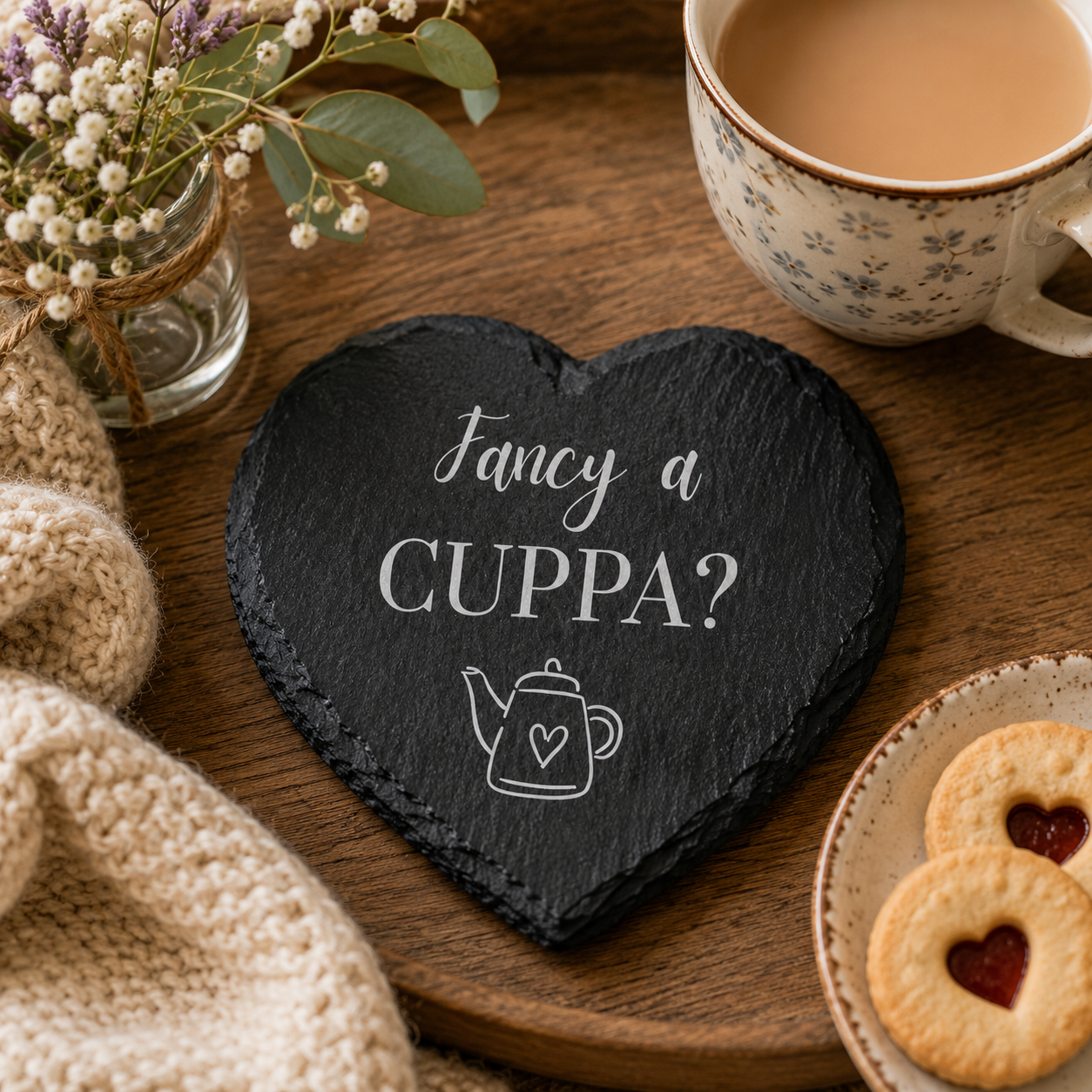 Heart-shaped slate coaster with 'Fancy a Cuppa?' text on a wooden table with tea and cookies.