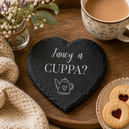 Heart-shaped slate coaster with 'Fancy a Cuppa?' text on a wooden table with tea and cookies.