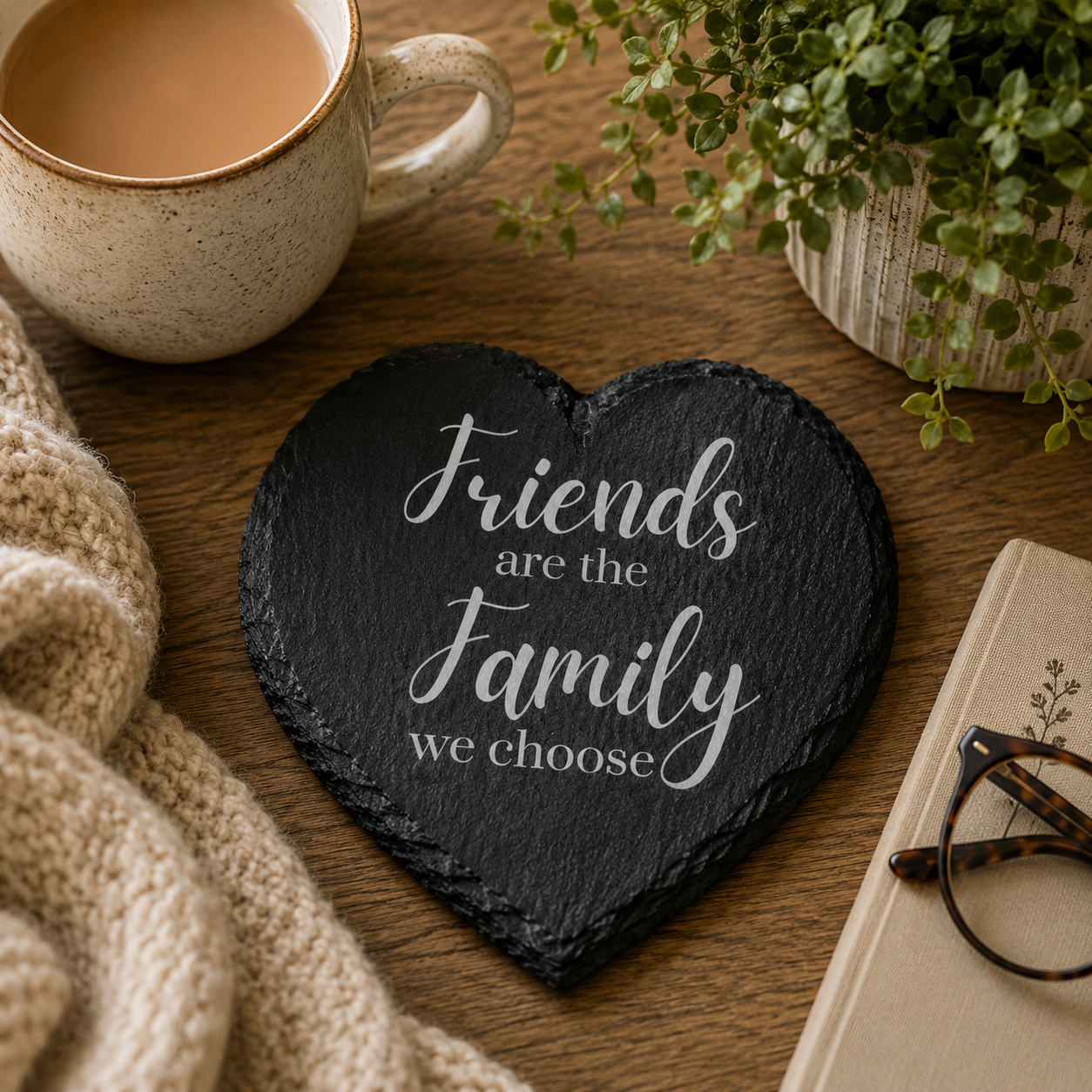 Heart-shaped slate coaster with 'Friends are the family we choose' quote on a wooden table with a mug, plant, and book.