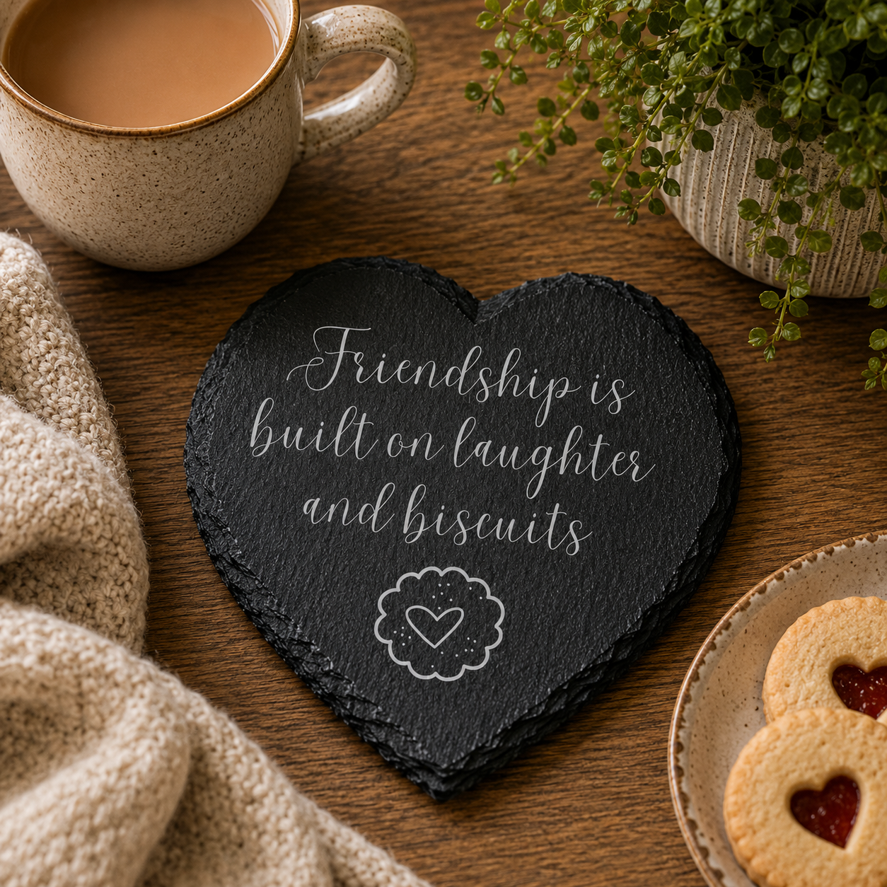 Heart-shaped slate coaster with 'Friendship is built on laughter and biscuits' text, mug, cookies, and plant on wooden table.