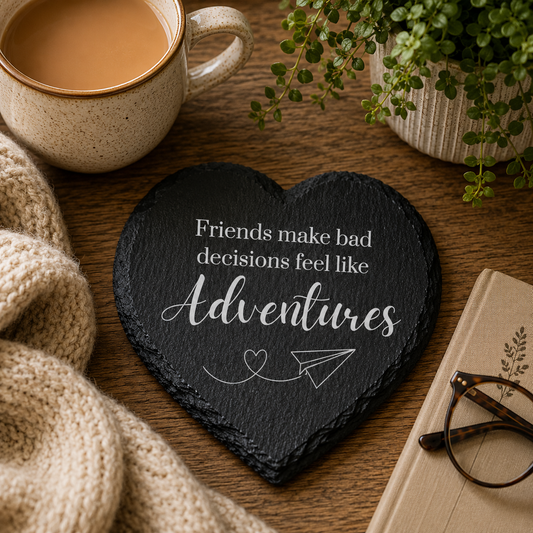 Heart-shaped slate coaster with motivational quote on a wooden table with a mug, plant, and book.