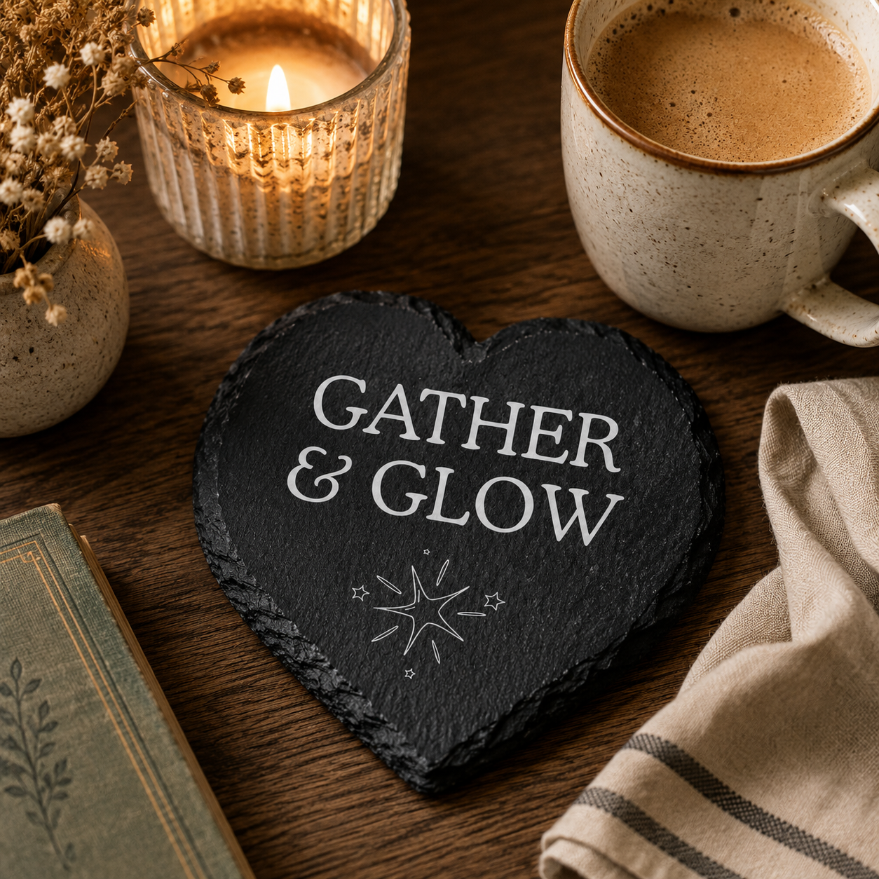 Heart-shaped slate coaster with 'Gather & Glow' text, lit candle, and coffee cup on a wooden surface.
