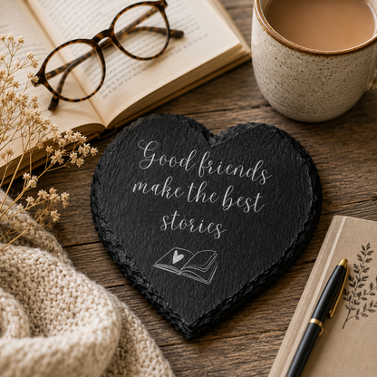 Heart-shaped slate with 'Good friends make the best stories' quote on a wooden surface with a book, glasses, and mug.