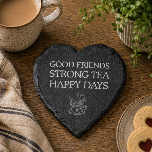 Heart-shaped slate coaster with 'Good friends, strong tea, happy days' text on a wooden table with a cup of tea and cookies.