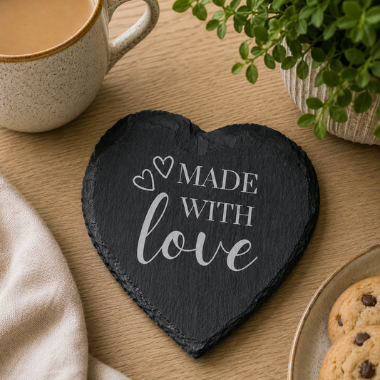 Heart-shaped slate coaster with 'Made with Love' text on a wooden table with a cup of coffee and cookies.