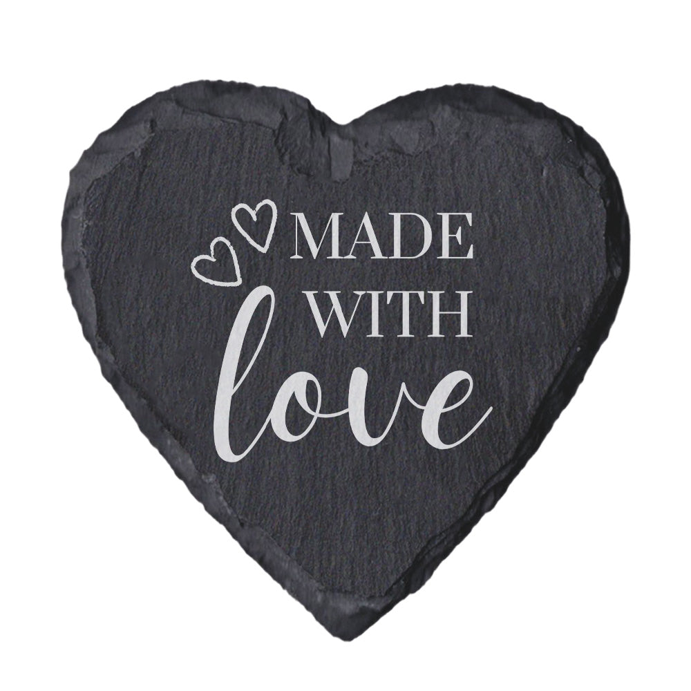 Heart-shaped slate coaster with 'Made with Love' text on a white background