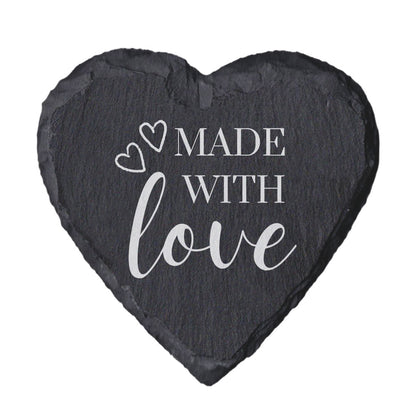 Heart-shaped slate coaster with 'Made with Love' text on a white background