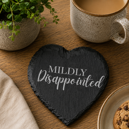 Heart-shaped slate coaster with 'Mildly Disappointed' text on a wooden table with a cup of coffee and cookies.