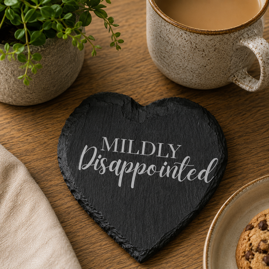 Heart-shaped slate coaster with 'Mildly Disappointed' text on a wooden table with a cup of coffee and cookies.