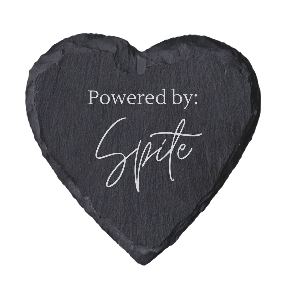 Heart-shaped slate coaster with 'Powered by: Spite' text on a white background