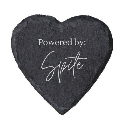 Heart-shaped slate coaster with 'Powered by: Spite' text on a white background