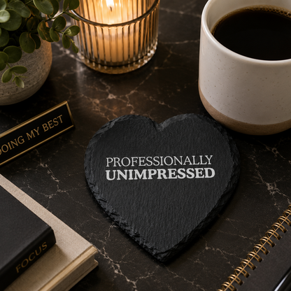 Heart-shaped slate coaster with 'PROFESSIONALLY UNIMPRESSED' text on a marble desk with coffee and office items.