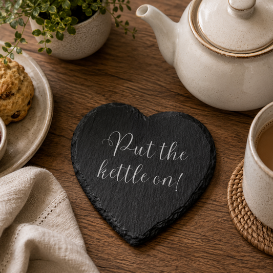 Tea time setup with a heart-shaped slate coaster that says "put the kettle on!", teacup, teapot, and scone on a wooden table.