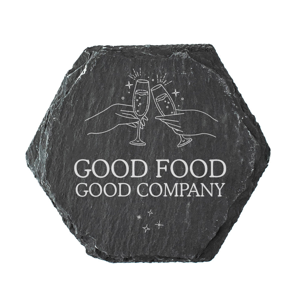 Slate coaster with 'Good Food Good Company' text and wine glass design on a white background