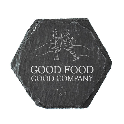 Slate coaster with 'Good Food Good Company' text and wine glass design on a white background
