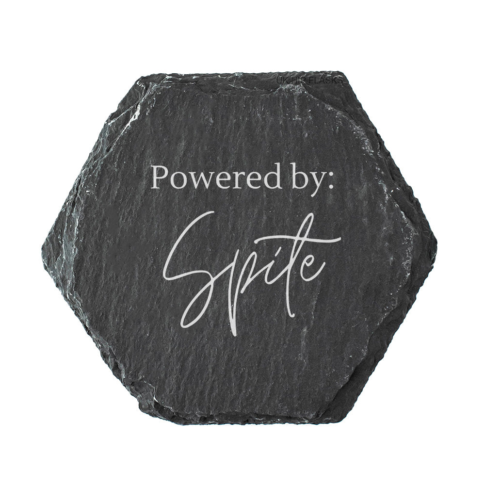 Hexagonal black slate coaster with 'Powered by Spite' text on a white background