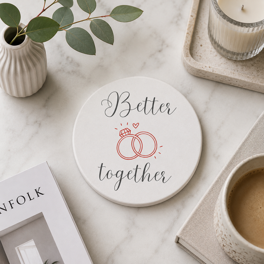 Round ceramic coaster with the quote "Better Together" in black and red text. The coaster is on a marble surface with books and a coffee.