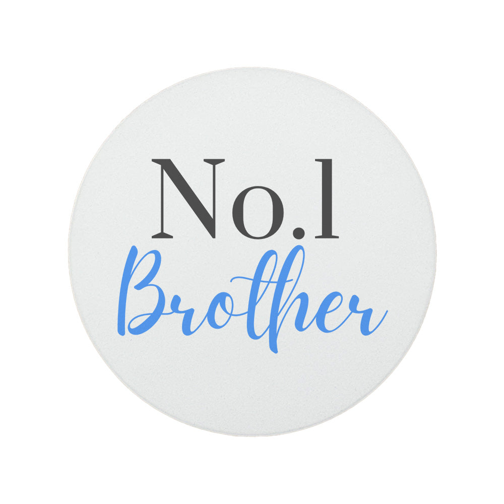 Round ceramic coaster features "No. 1 Brother" in dark grey and blue text.