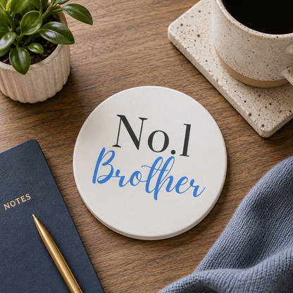 Round ceramic coaster features "No. 1 Brother" in dark grey and blue text. The coaster is on a wooden table with a coffee cup.