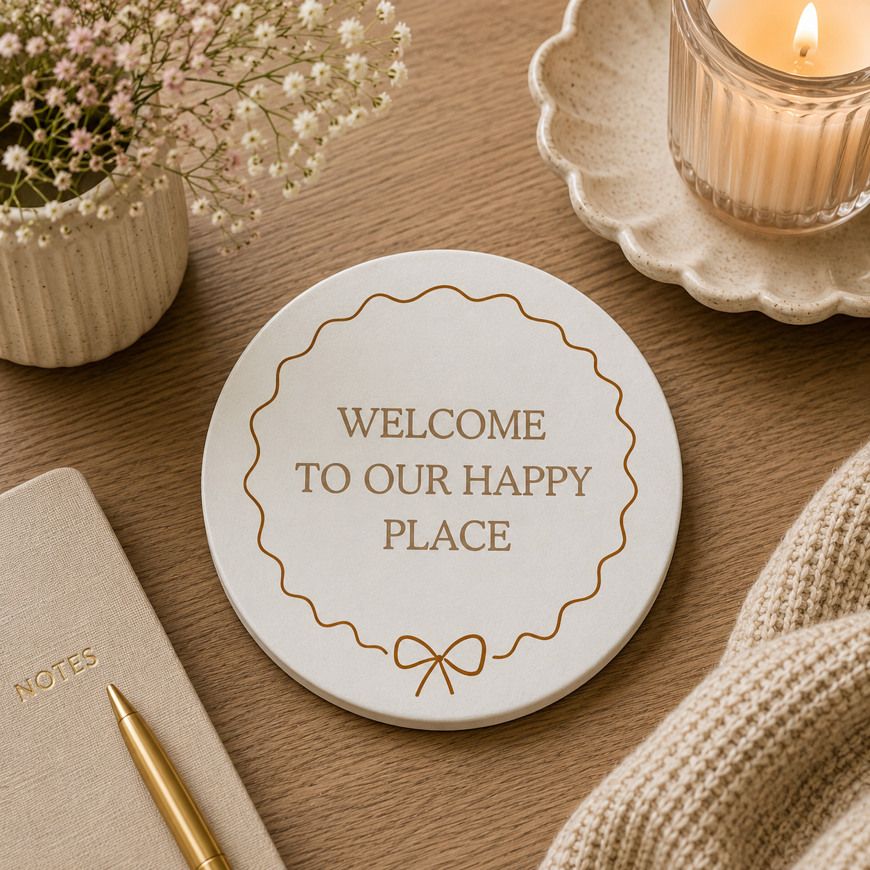 Round ceramic coaster featuring the quote "Welcome to our happy place" in neutral toned lettering with a cute bow border. The coaster is on a wooden table in a cosy room.