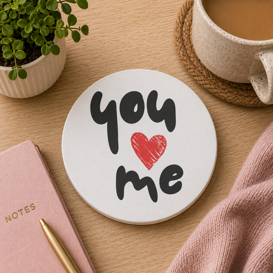 Round ceramic coaster featuring the quote "You 'heart' Me" in grey and red lettering. The coaster is on a wooden surface with a cup of tea.