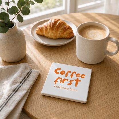 Square ceramic coaster featuring the humorous sarcastic quote "Coffee first, problems later." in crisp orange lettering. The coaster is on a wooden table with coffee and a pastry.