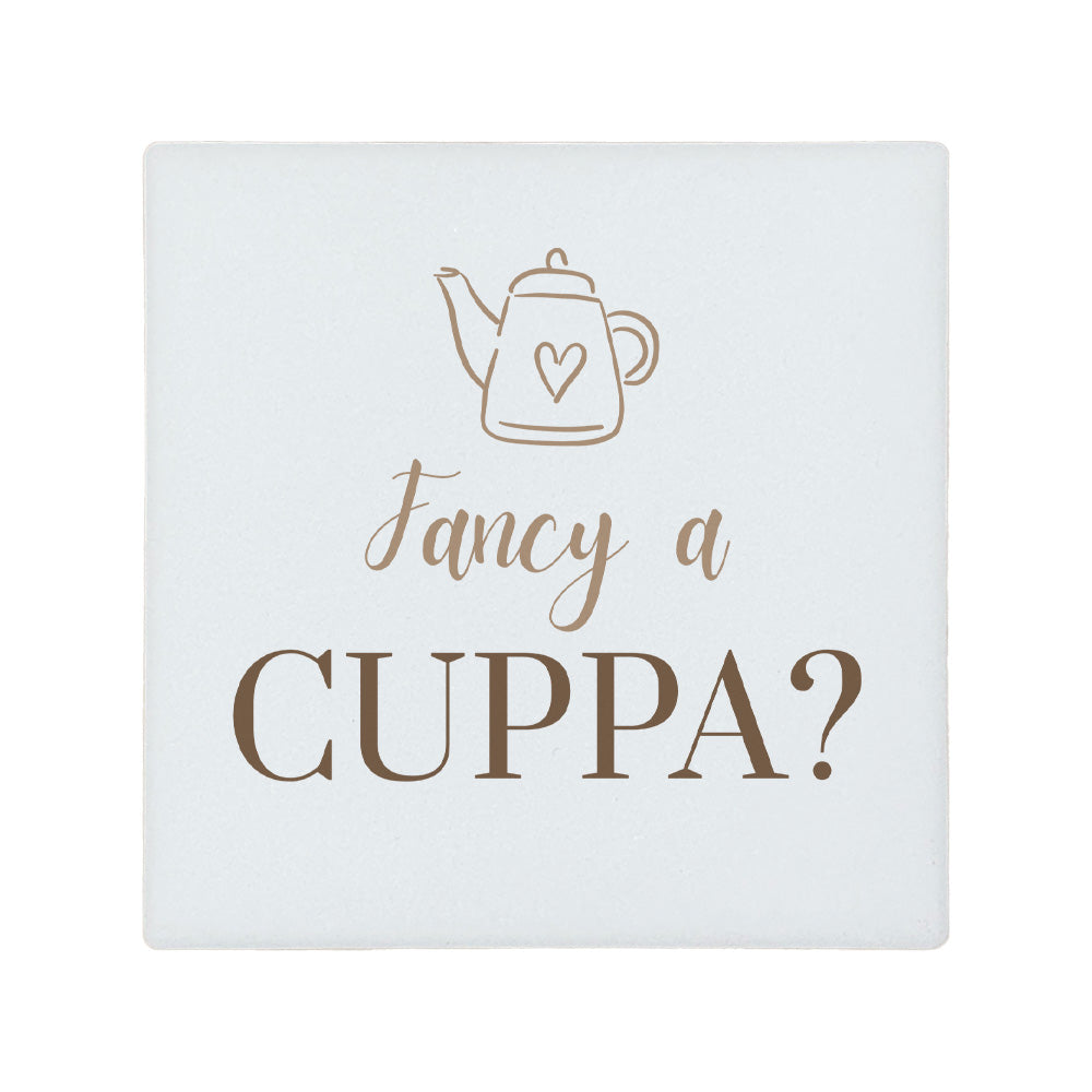 Square ceramic coaster with 'Fancy a cuppa?' quote in brown text.