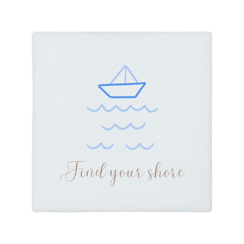 Square ceramic coaster with boat illustration and 'Find your shore' quote in blue and gold. 