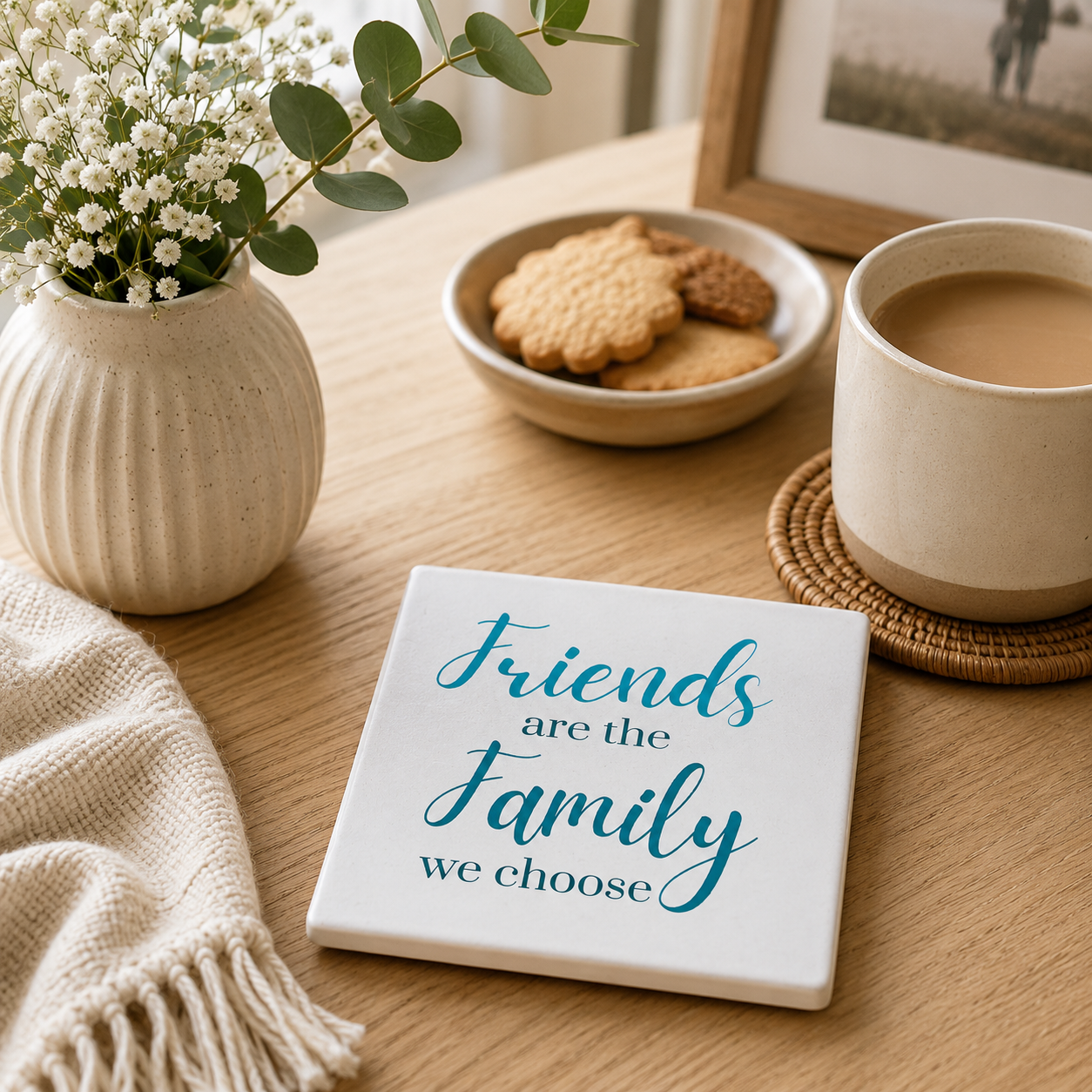 Square ceramic coaster featuring the thoughtful quote "Friends are the family we choose" in crisp turquoise lettering. The coaster is on a wooden table with tea and biscuits.