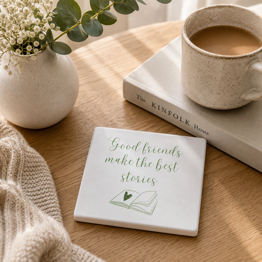 Square ceramic coaster with 'Good friends make the best stories' quote on a wooden table with a mug of coffee and a vase.