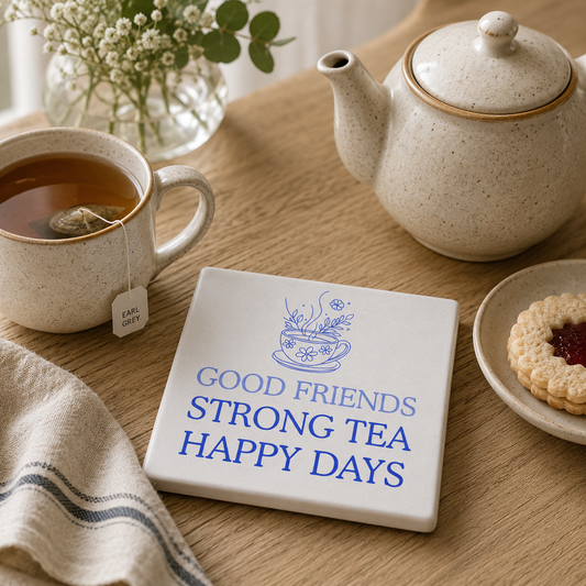 Square ceramic coaster featuring the friendship quote "Good friends, strong tea, happy days" in crisp green lettering with a teacup illustration. The coaster is on a wooden table with a teapot and teacup.