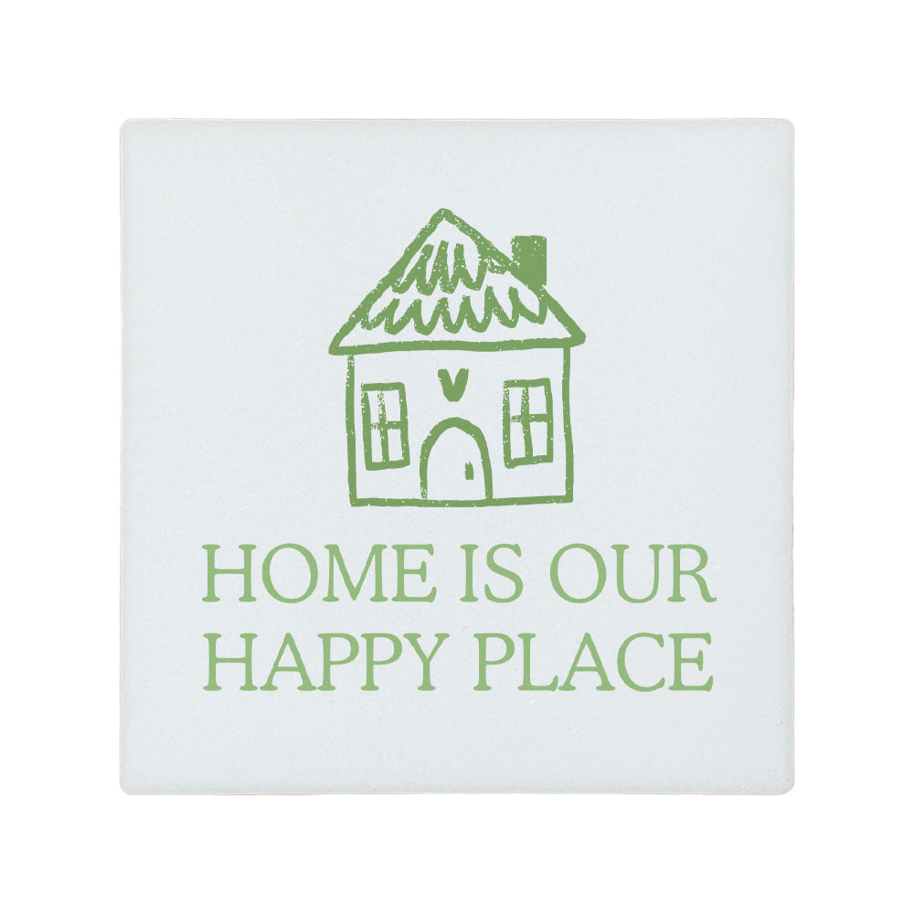 Square ceramic coaster with the quote 'Home is our happy place' in green lettering and a cute house illustration.