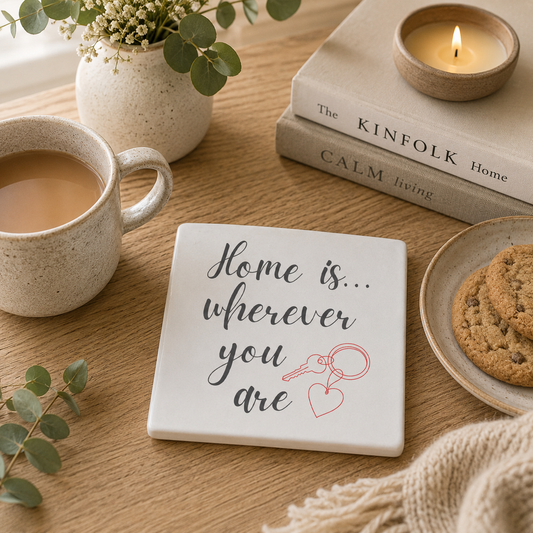 Square ceramic coaster with 'Home is wherever you are' text on a table with coffee, books, and cookies.
