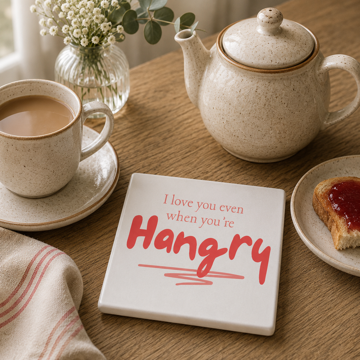 Square ceramic coaster with the funny quote 'I love you even when I'm hangry' in red text. The coaster is on a wooden table with tea and snacks.