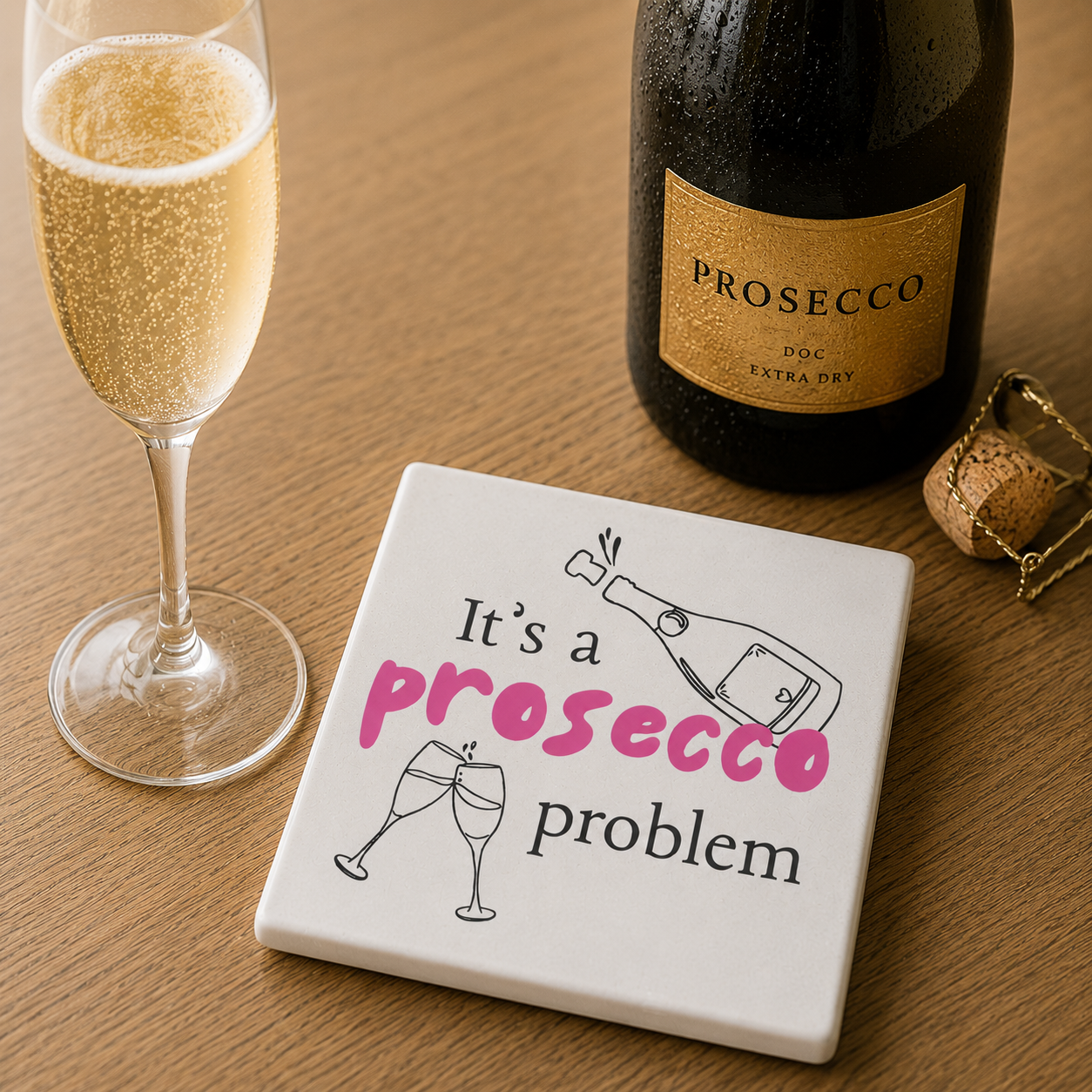 Square ceramic coaster featuring the humorous quote "It's a prosecco problem" in crisp pink lettering, on a wooden surface with prosecco bottle and glass.