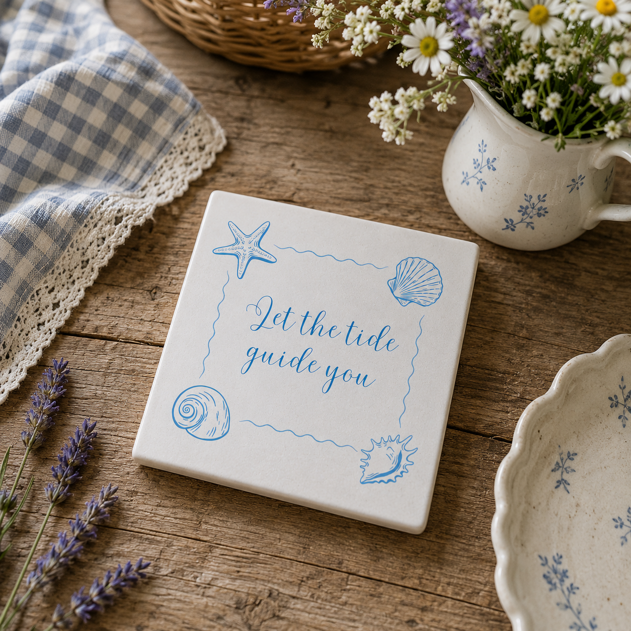 Square ceramic coaster featuring the inspirational quote "Let the tide guide you" in elegant blue lettering with sea shell illustrations, on a wooden surface with plants.